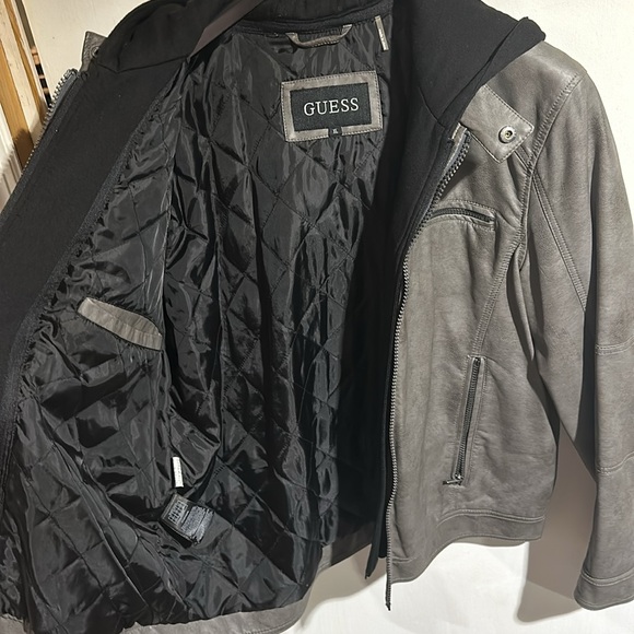 GUESS MENS XL GREY FAUX LEATHER ZIPUP JACKET/HOODIE - Picture 3 of 3